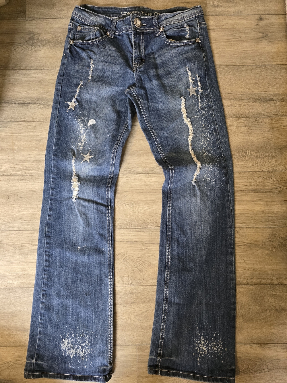 Cowgirl Tuff Blue Distressed Women's Jeans with Star Accents